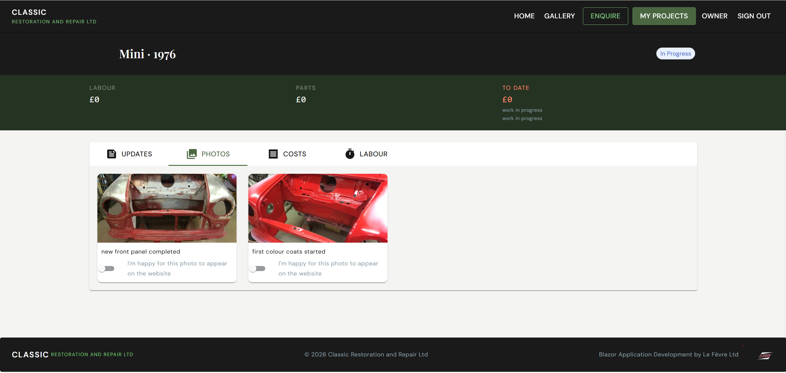 Project detail shows their costs breakdown and progress photos