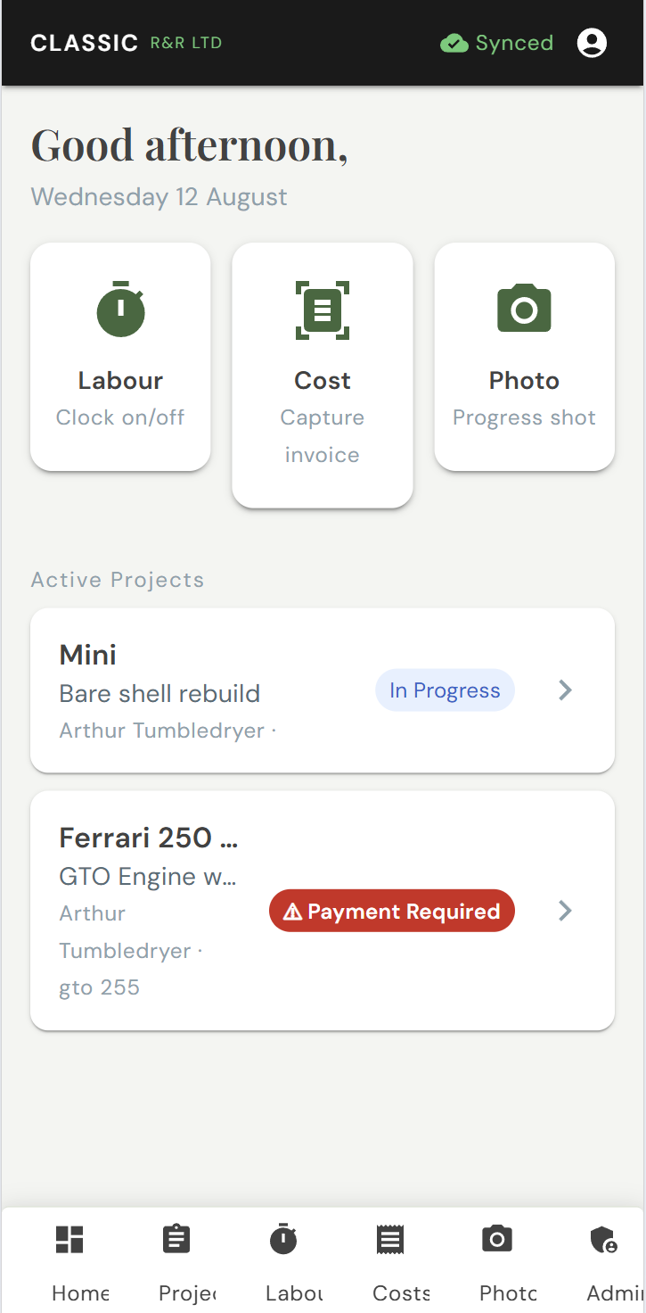 Workshop Operatives use a Phone App to record labour and costs against projects