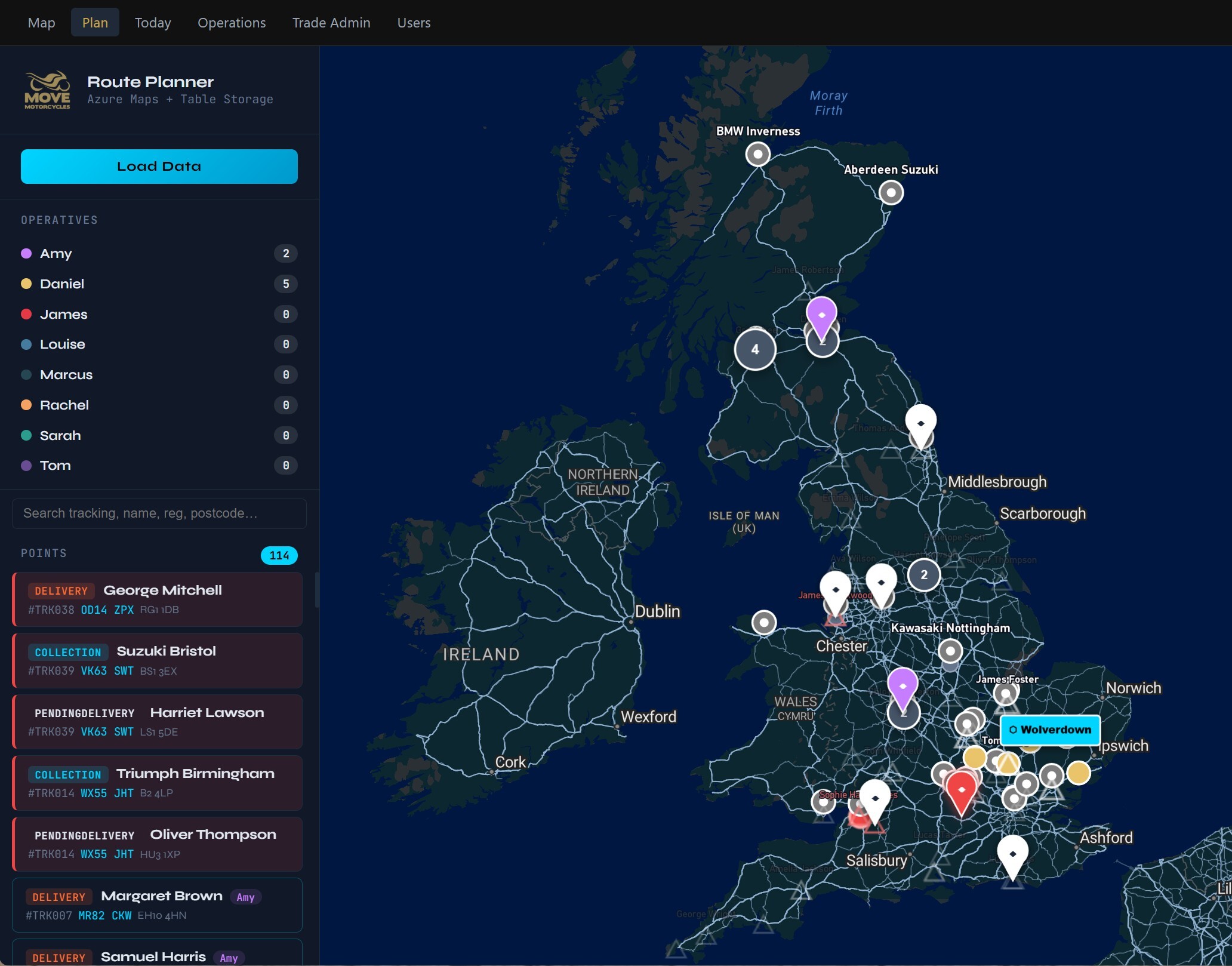 Manager overview shows the status of all collections(circles), and Deliveries(droplets),  colour coding shows allocated driver or unscheduled(white) or nearing SLA(red)