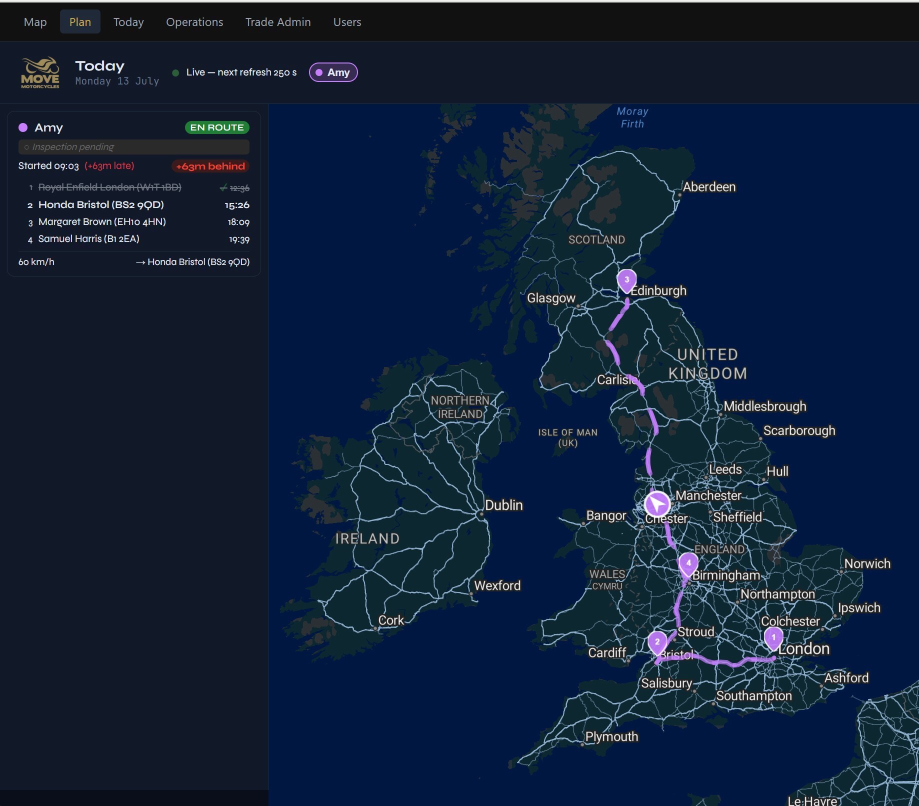For the current day planners can see route progress against plan 